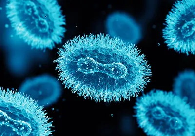 Artist’s rendition of light blue monkeypox viruses in front of a black background.